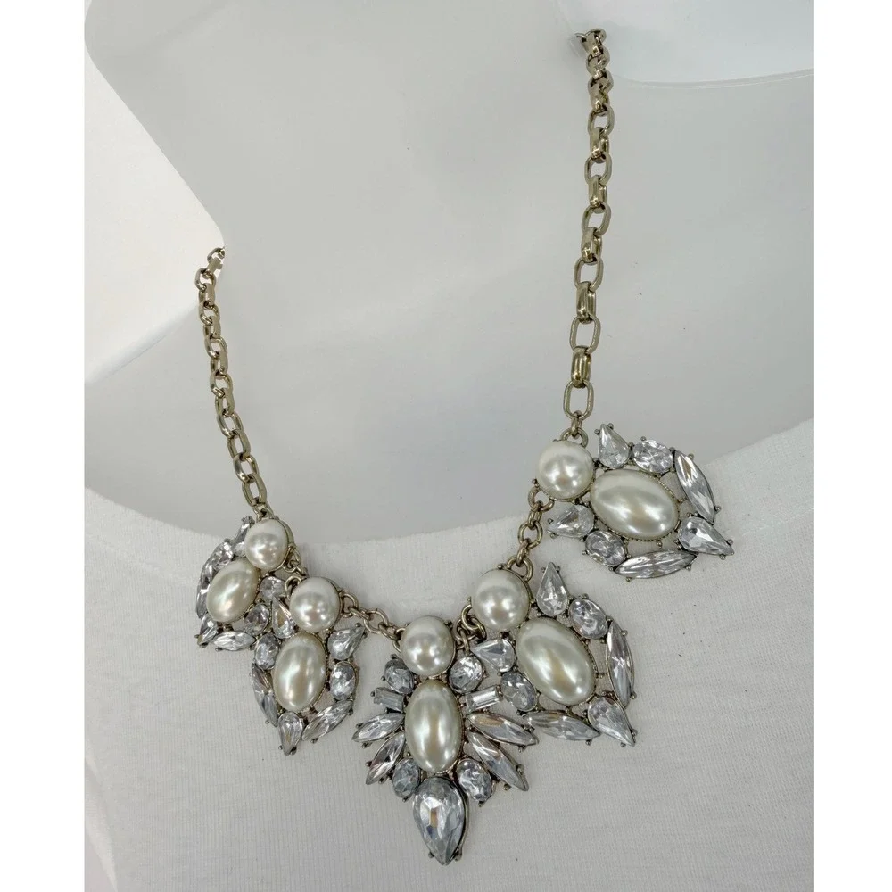 Faux Pearl Crystal‎ Bib Necklace Gold Tone Bridal Chic Formal Jewelry 103-170